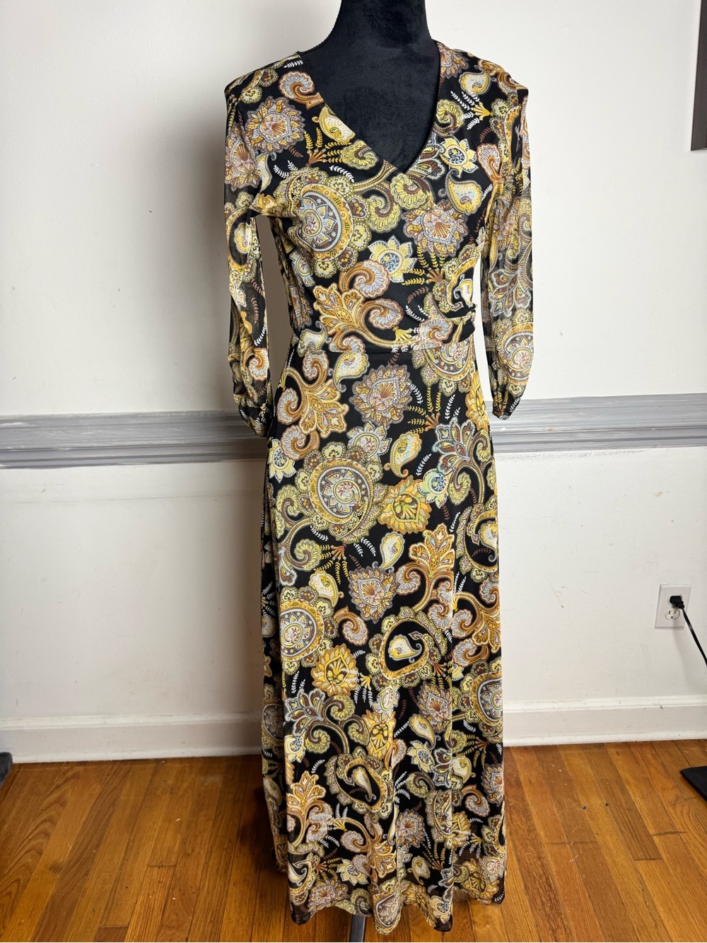 Paisley Wrap-Style Maxi Dress in Black and Gold
